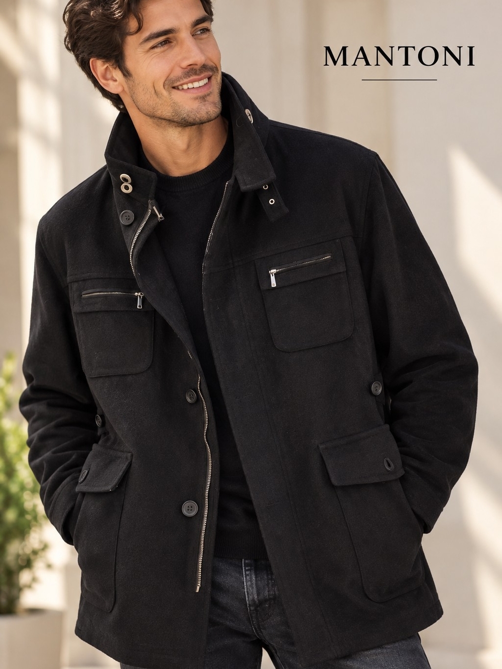 Men's Black Wool Cashmere Blend Utility Field Coat XL Mantoni